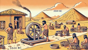 the origins of the wheel in ancient Mesopotamia, showing its early uses in pottery and transportation.