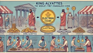 King Alyattes, Croesus, and the introduction of the world's first standardized coins in ancient Lydia, emphasizing their impact on trade.