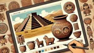 Moche art and architecture, including detailed pottery and an adobe pyramid.