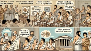 the early medical schools of ancient Greece, showing the transition from superstition-based practices to rational, observation-based healthcare.