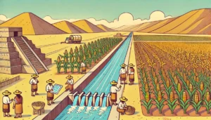 Moche irrigation and agriculture, showcasing water channels, fields of crops, and the expertise of Moche engineers.