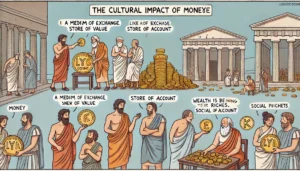 the cultural impact of Lydian coinage, with ancient philosophers discussing the concept of money and individuals displaying their wealth, symbolizing shifts in social hierarchies.