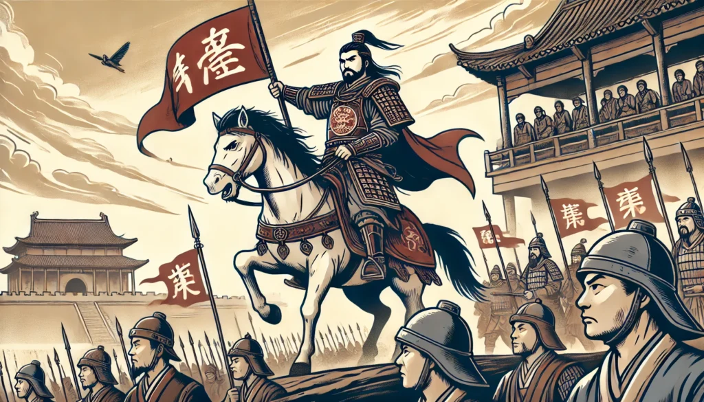 King Wu of Zhou leading the rebellion against the corrupt Shang Dynasty.