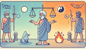 Heraclitus' philosophy of opposites and balance, with symbols like light and darkness to emphasize interconnectedness.