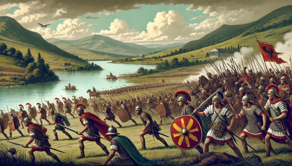 the Battle of Lake Regillus, showcasing the clash between Roman forces and the Latin League near the lake.