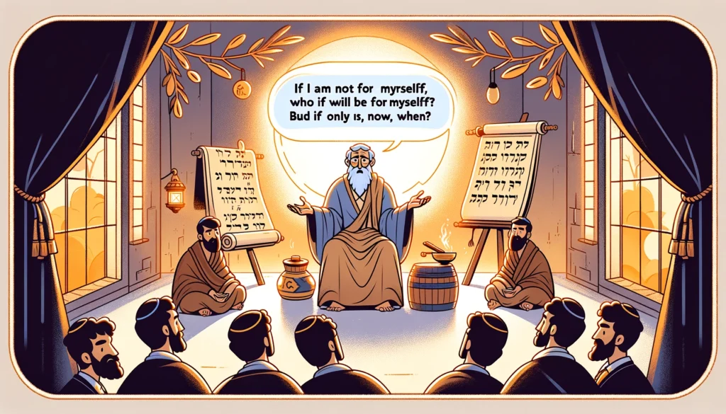 Hillel the Elder teaching his famous ethical and moral lessons, featuring his renowned quote. 