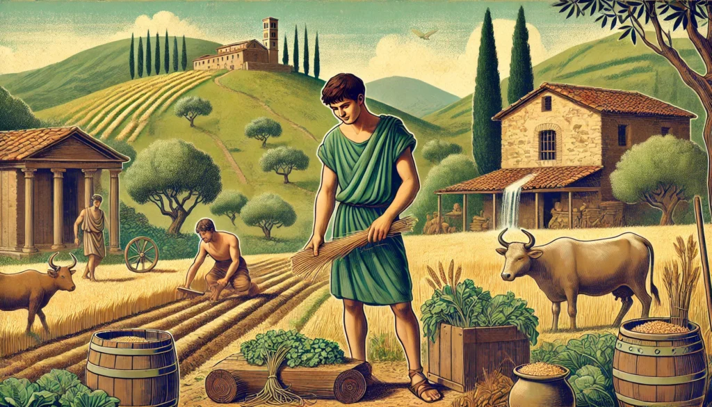 the early life of Cato the Elder in the Roman countryside, emphasizing his humble beginnings and values of hard work and discipline.