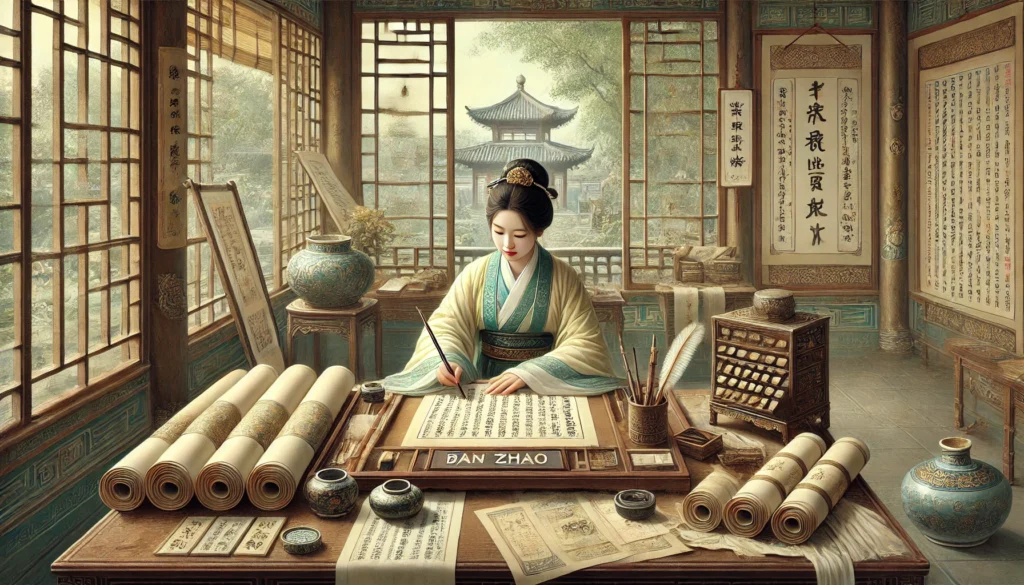 Ban Zhao diligently working on the "Book of Han," showcasing her scholarly dedication in an elegant ancient Chinese setting.