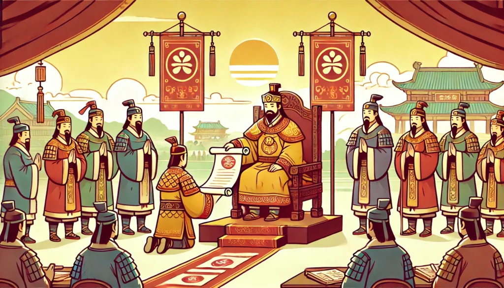 King Wu of Zhou establishing a stable and just government, with the implementation of feudalism to maintain order and loyalty. 