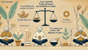 the core beliefs of Epicureanism, emphasizing pleasure, inner peace, and moderation.