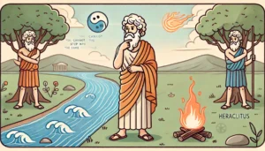 Heraclitus and his philosophy, symbolizing the concepts of constant change and unity of opposites.