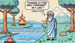 Heraclitus with his famous quote, "Change is the only constant in life," symbolized by flowing water and fire.