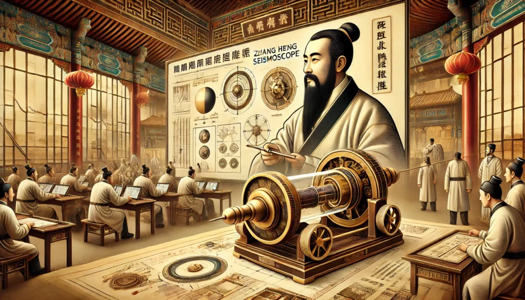 Zhang Heng's legacy, showcasing his seismoscope and its historical significance, alongside the modern reconstruction of his invention.