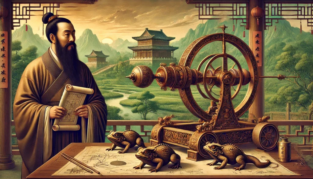 Zhang Heng with his groundbreaking seismoscope, showcasing the innovation and historical significance of his work during the Han dynasty.